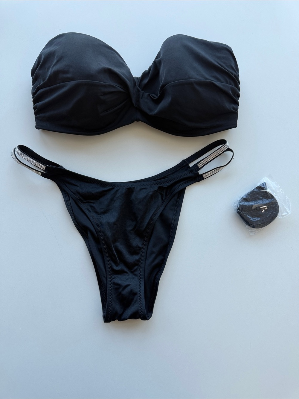 Black Strapless Bikini Set with Rhinestone strap bottoms top 36DD/ bottom large